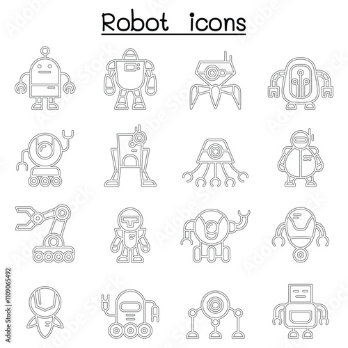 Robot icon set in thin line style