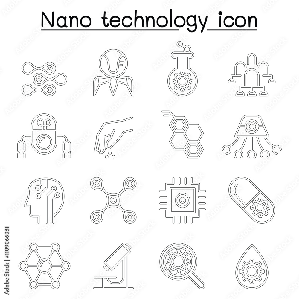 Nanotechnology icon set in thin line style Nanotechnology icon set in thin line style