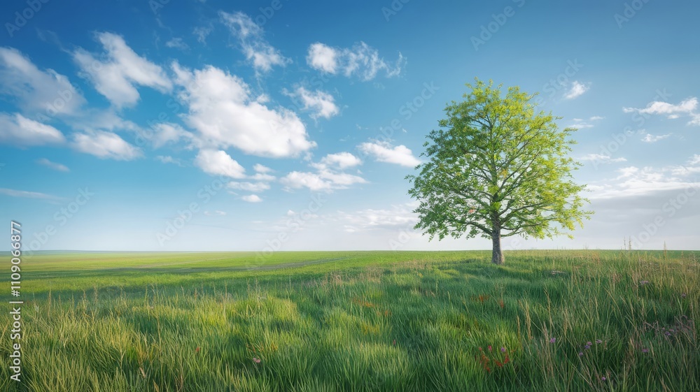 Lone Tree in a Lush Green Field Under a Bright Blue Sky. A vibrant ...