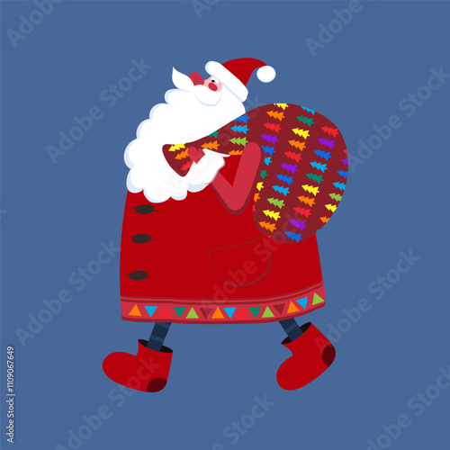 Cute Santa Claus walks with a bag of gifts. Santa claus is carrying gifts for children. Merry Christmas.