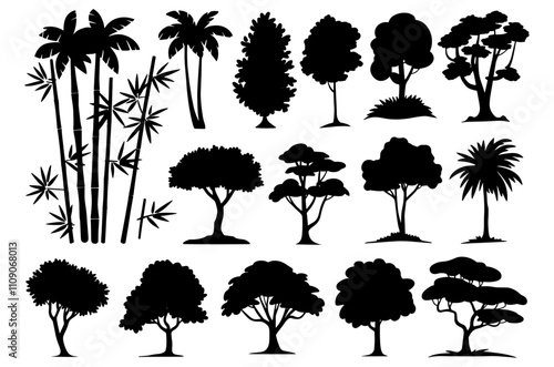 Set of various trees silhouettes vector, Tree nature silhouette, Set of Tree nature silhouette branch plant leaf forest vector trees, black Silhouette illustration of different tree set