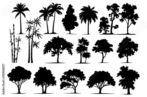 Set of various trees silhouettes vector, Tree nature silhouette, Set of Tree nature silhouette branch plant leaf forest vector trees, black Silhouette illustration of different tree set
