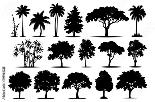 Set of various trees silhouettes vector, Tree nature silhouette, Set of Tree nature silhouette branch plant leaf forest vector trees, black Silhouette illustration of different tree set