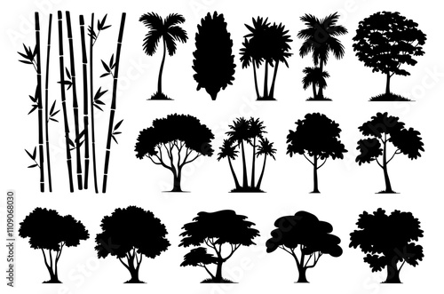 Set of various trees silhouettes vector, Tree nature silhouette, Set of Tree nature silhouette branch plant leaf forest vector trees, black Silhouette illustration of different tree set