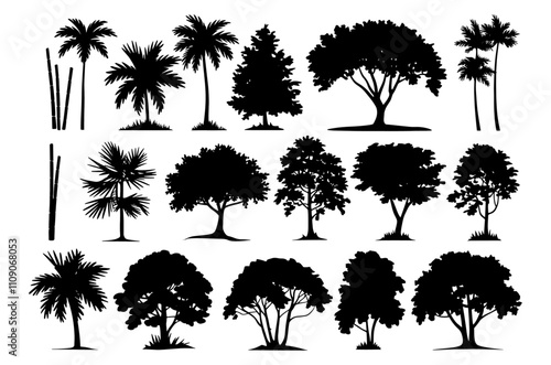 Set of various trees silhouettes vector, Tree nature silhouette, Set of Tree nature silhouette branch plant leaf forest vector trees, black Silhouette illustration of different tree set