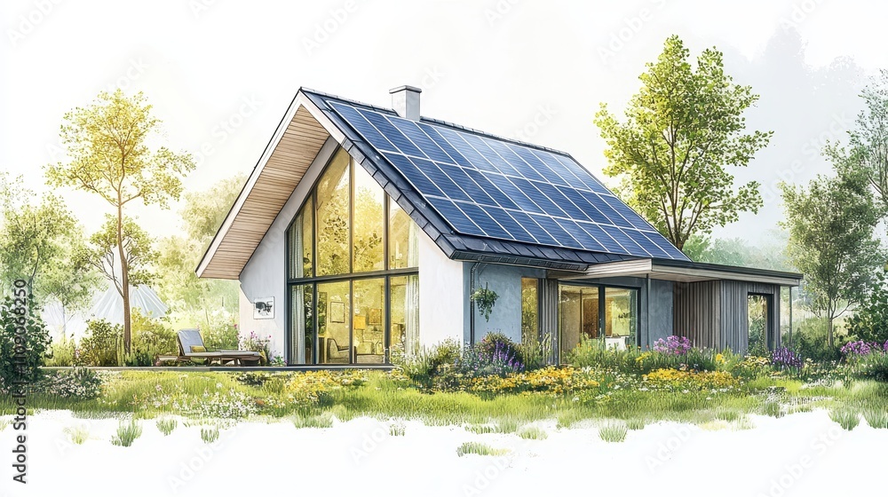 Obraz premium Modern House with Solar Panels on a Bright Background