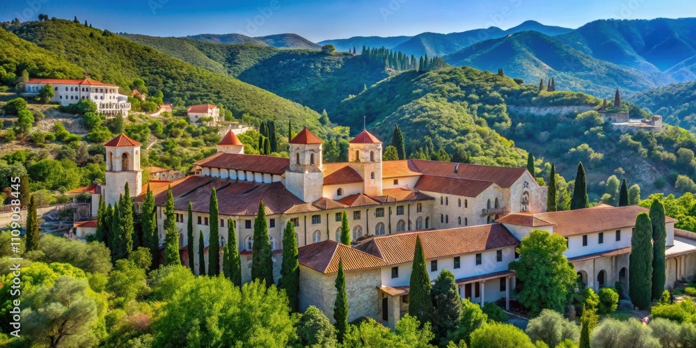 Fototapeta premium Orthodox monastery in Omodos, Cyprus surrounded by lush greenery and mountains in May 2016, Omodos