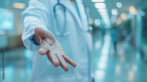 doctor in a white coat reaching out open hand up palm join us teamwork corporate employee organization opportunity cooperation hospital walk way