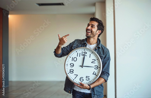 A man is holding a clock that is showing the time as 12:15