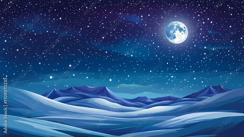 Serene Night Sky Over Snowy Landscape with Full Moon and Twinkling Stars Illuminating the Peaceful Wilderness for a Winter Wonderland Scenic View Serene Night Sky Over Snowy Landscape with Full Moon and Twinkling Stars Illuminating the Peaceful Wilderness for a Winter Wonderland Scenic View