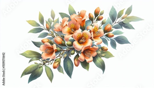 Florida Torreya, Torreya taxifolia flowers in watercolor illustration with loose and fluid forms, photo