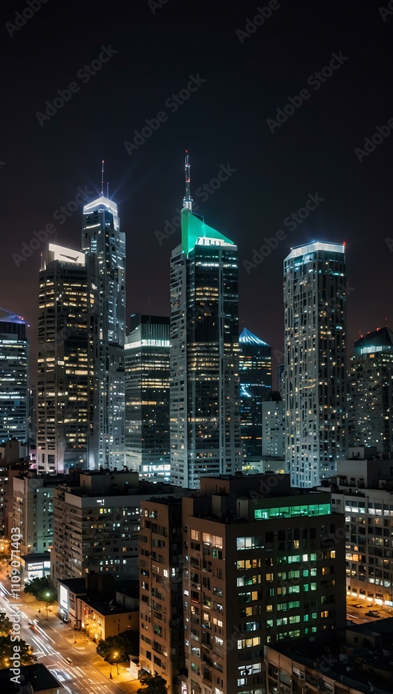 Naklejka premium Vibrant city skyline at night with illuminated buildings.