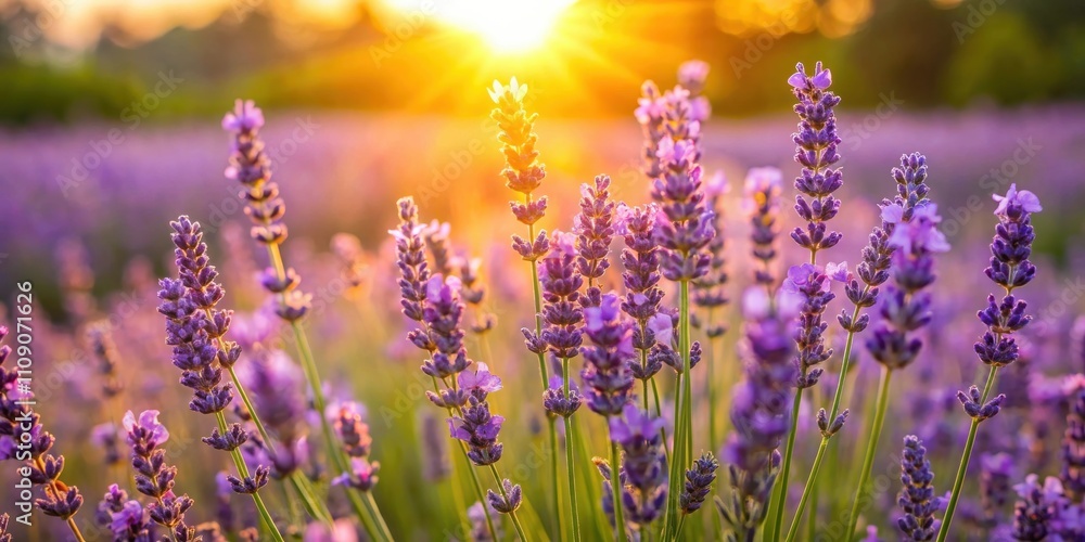 Fototapeta premium A field of lavender blossoms bathed in the warm glow of the setting sun, creating a picturesque scene of natural beauty