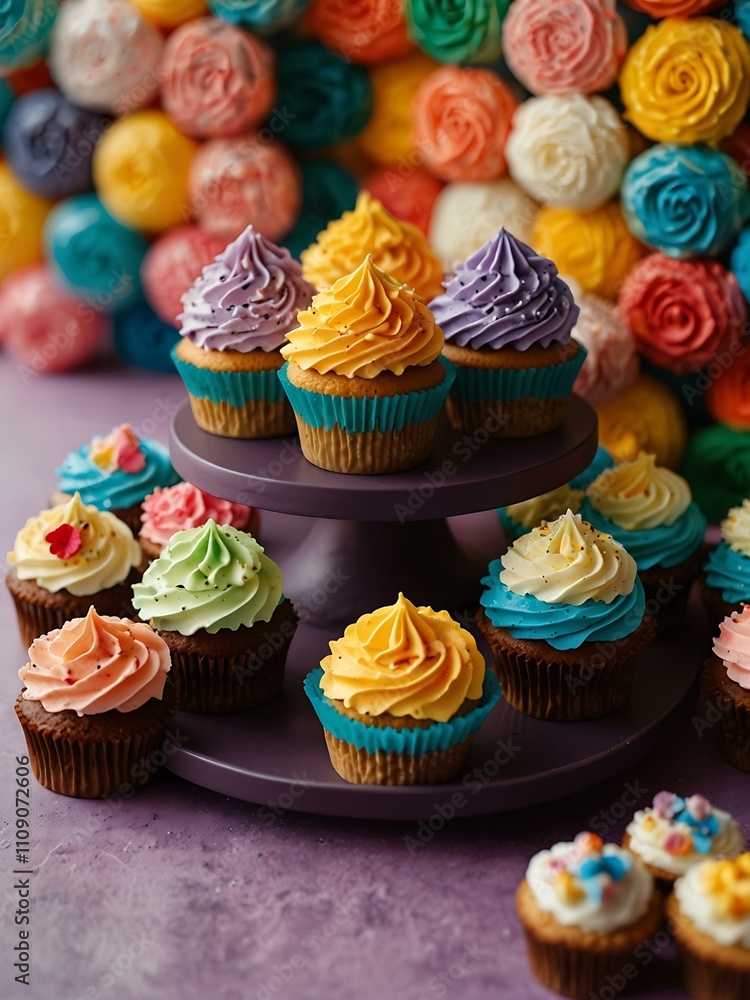 Vibrant cupcake display with colorful frosting and treats. Vibrant cupcake display with colorful frosting and treats.