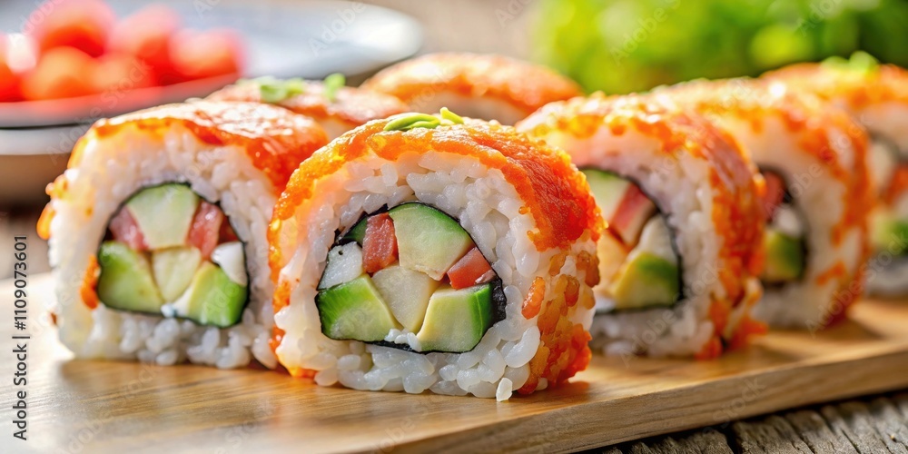 Close-up of California roll sushi with crab meat , Japanese cuisine, seafood, delicious, Asian food Close-up of California roll sushi with crab meat , Japanese cuisine, seafood, delicious, Asian food