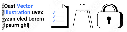 Paper checklist with three check marks, shopping bag, and padlock icon. Black and blue text to the left. Ideal for task management, e-commerce, security, online shopping, organization