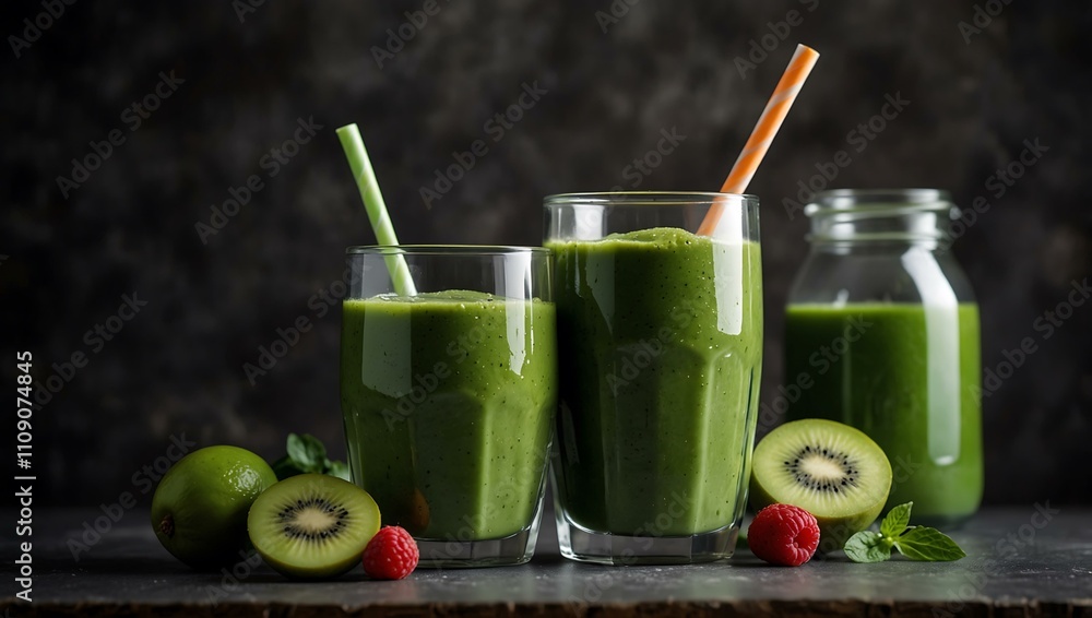 Vibrant green smoothie, healthy eating concept. Vibrant green smoothie, healthy eating concept.