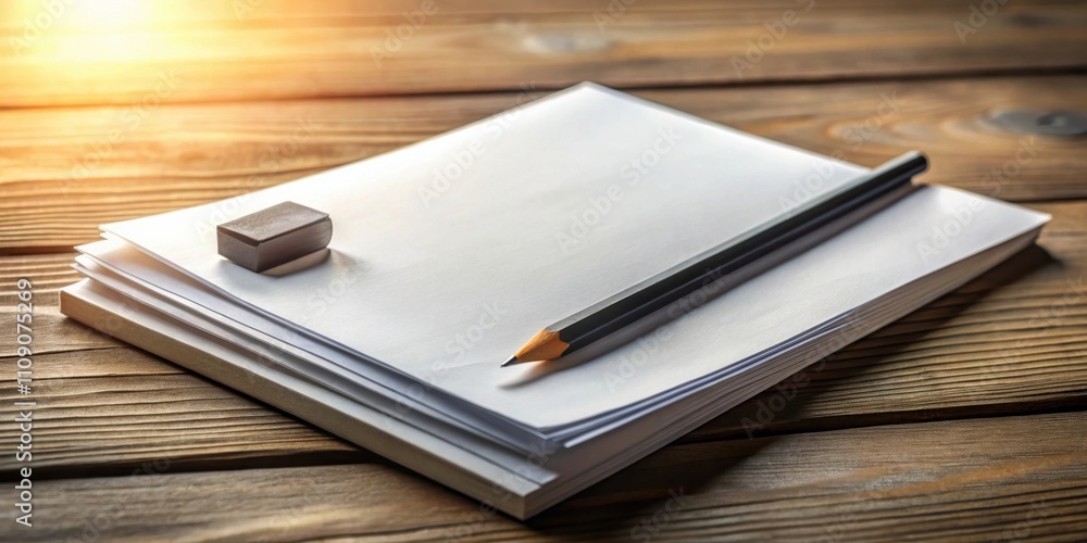 Fototapeta premium A stack of white paper with a pencil and eraser on a wooden surface, bathed in soft, warm sunlight.