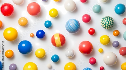 Colorful Array of Decorative Balls on White Background, Featuring Various Patterns and Bright Shades, Perfect for Creative Projects and Artistic Inspiration