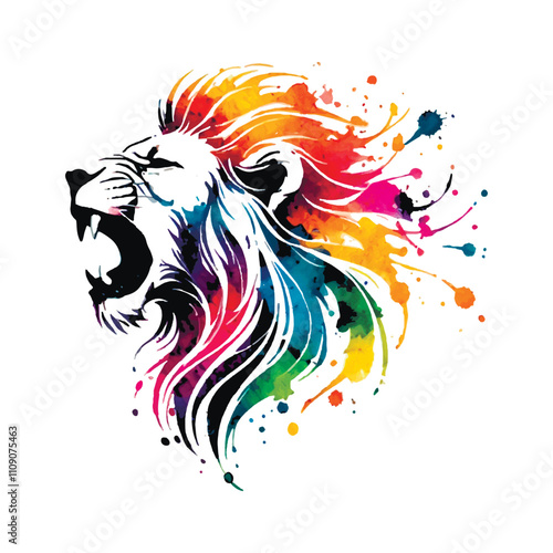 Painted watercolor roaring lions head silhouette with vibrant mane, splashes, splatters on white background. Minimalist isolated decorative design. Bright modern pattern with lion head.