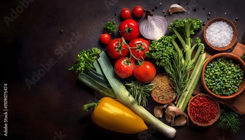 Ingredientes frescos (verduras, especias) dispuestos artísticamente photo