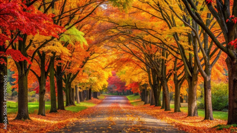 Fototapeta premium Vertical shot of a colorful path surrounded by vibrant autumn trees , autumn, landscape, pathway, foliage, vibrant, colorful