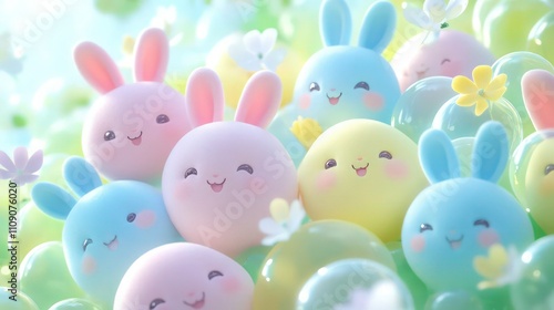 Group of chubby, pastel-colored bunny faces in pink, sky blue, and yellow, arranged playfully with soft expressions. 