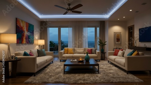 Vibrant living room with colorful ambient lighting for a cozy feel.