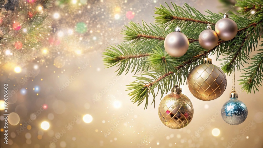 A festive Christmas tree branch adorned with shimmering ornaments and a bokeh backdrop of sparkling lights. A festive Christmas tree branch adorned with shimmering ornaments and a bokeh backdrop of sparkling lights.