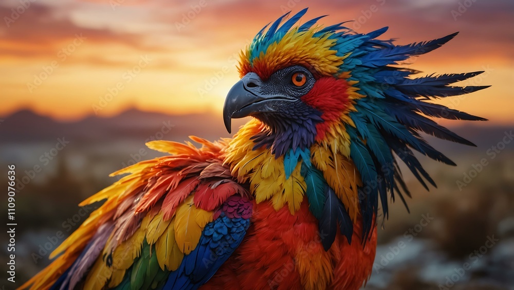 Obraz premium Vibrant mythical bird with colorful feathers against a sunset.
