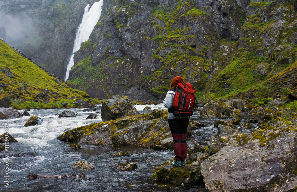 Naklejka premium A Hiker stands mesmerized by a stunning, cascading Waterfall in a picturesque, scenic Landscape