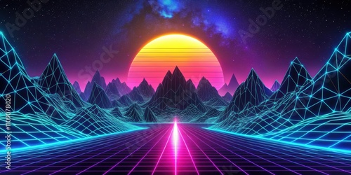 80s retro futuristic sci-fi landscape with neon lights and low poly terrain grid , retrowave, VJ, videogame photo