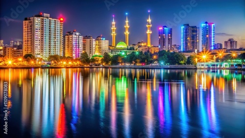 Wallpaper Mural Night view of illuminated Adana cityscape with colorful lights reflecting on the water , Adana, Turkey Torontodigital.ca