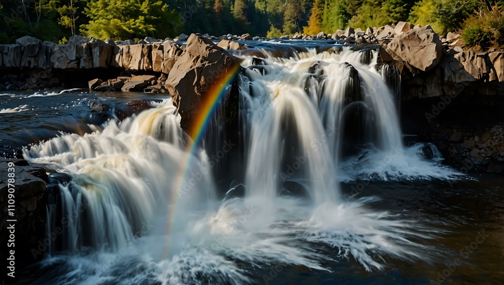 Fototapeta premium Vibrant rainbow arching over a cascading waterfall.