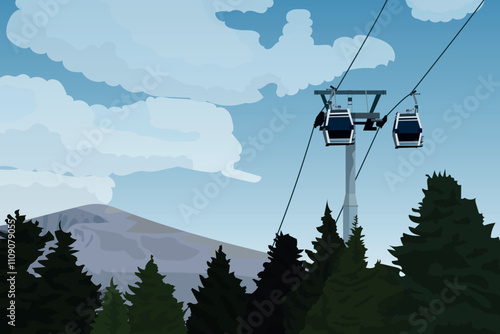 Cable cars on steel cables above a lush forest on Mountain. cable cars going through the mountain. Cable car transportation rope way over mountain hill vector. Cable cars or aerial lift