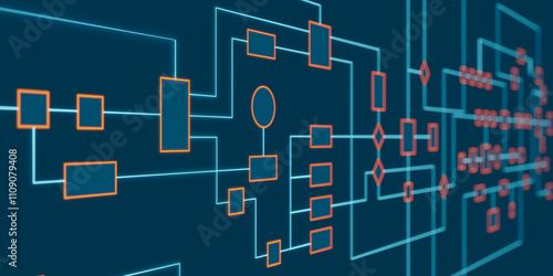 Organization chart, decision tree, blueprint, flow chart. Progress, connection, industry organization, steps, procedure, approach, node data, network.