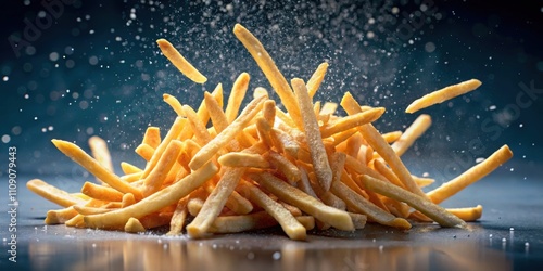 Close-up shot of fresh French fries falling with frozen motion, french fries, falling, close-up, motion, freeze, food, potato