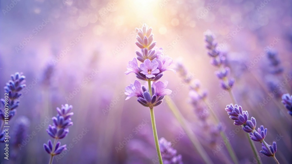 A Single Lavender Blossom Stands Out Against a Blurred Background of Purple Flowers and Warm Sunlight A Single Lavender Blossom Stands Out Against a Blurred Background of Purple Flowers and Warm Sunlight