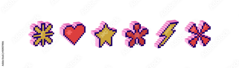 Obraz premium Set of pixel 3D elements.Modern trendy Y2K design , geometric three-dimensional figures and shapes. Pixel art.