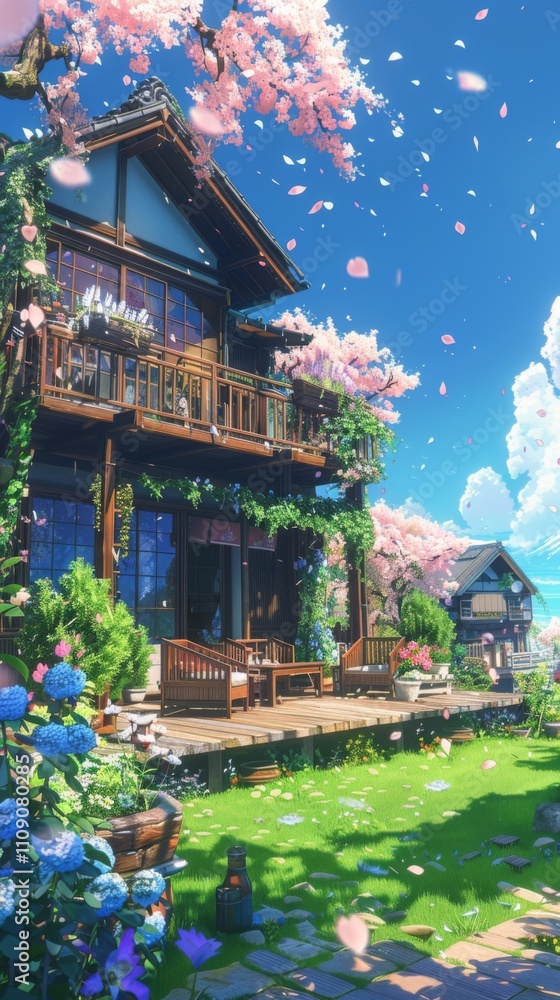 Obraz premium A charming two-story house with a lush garden, blooming flowers, and wooden furniture under a clear blue sky, evoking a serene and inviting atmosphere