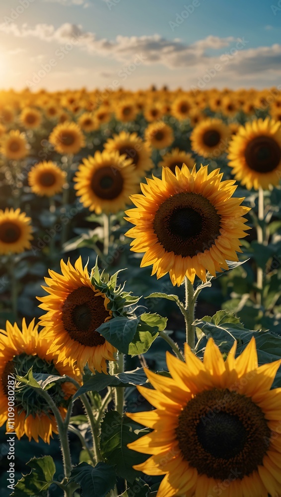 Fototapeta premium Vibrant sunflowers in a blue-sky field.