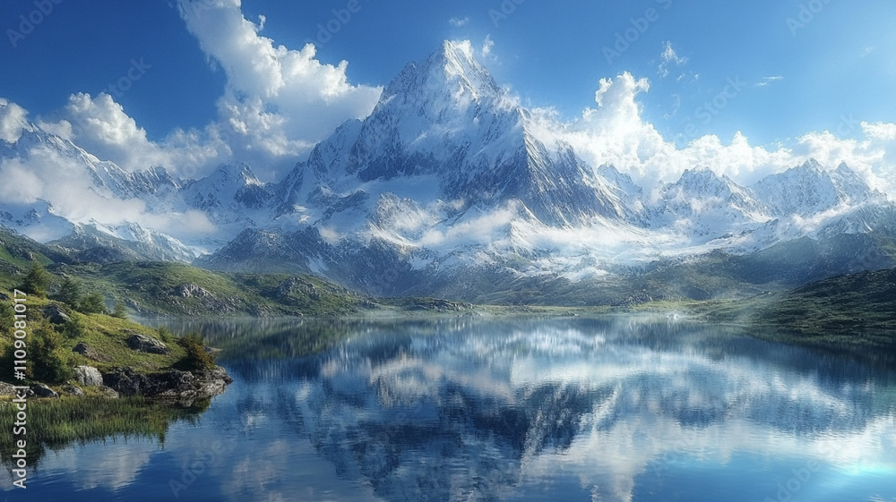 Fototapeta premium Majestic mountain range with a crystal-clear lake reflection