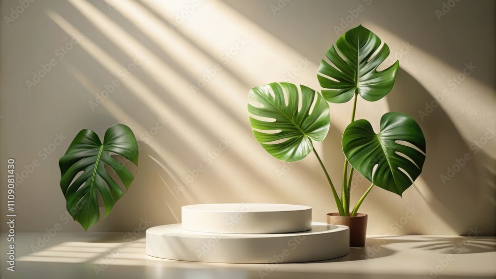 A Minimalist Scene Featuring a Two-Tiered White Platform with Lush Tropical Foliage and Sunbeams Casting Shadows on the Background Wall A Minimalist Scene Featuring a Two-Tiered White Platform with Lush Tropical Foliage and Sunbeams Casting Shadows on the Background Wall