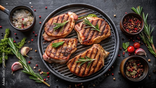 Grilled pork steaks with herbs and spices on the grill plate, top view, grilled meat, pork neck, bbq, barbecue, cooking, food