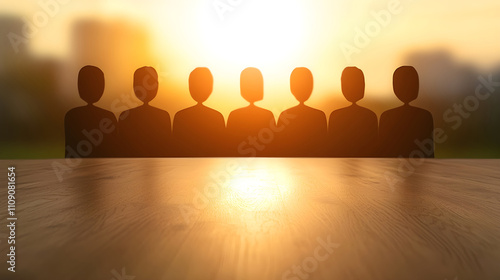 Silhouetted figures against a sunset backdrop in a meeting setting photo