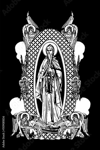 Saint Prochor Pecersky. Illustration with angels and seraphim in heaven black and white in Byzantine style