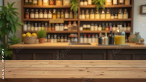 Wallpaper Mural Empty wooden table top on blurred background of shelves with olive oil bottles. Generated AI Torontodigital.ca