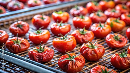 Closeup of a dry red tomato on a drying tray for dehydrator, preserving vitamins in a vegetarian, healthy meal , dehydrator photo