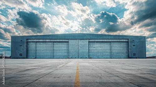 Wallpaper Mural A large industrial hangar under a dramatic sky, showcasing a spacious concrete area in front, This image is ideal for aviation-related projects, architecture discussions, or corporate presentations, Torontodigital.ca