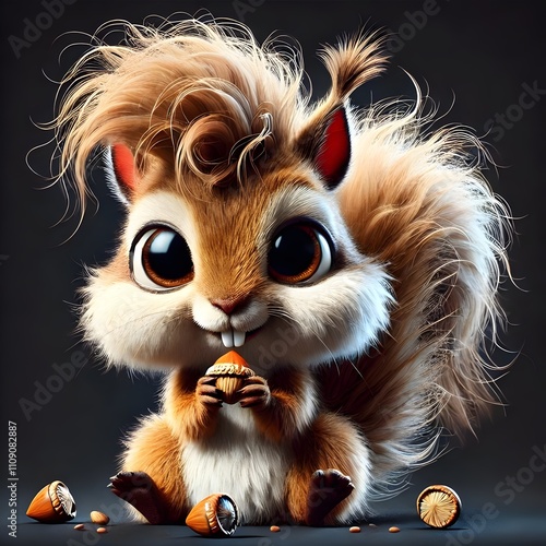A fluffy squirrel stands on a circular platform surrounded by nuts. The squirrel has a bushy tail and intricate details, against a dark background, making it visually striking